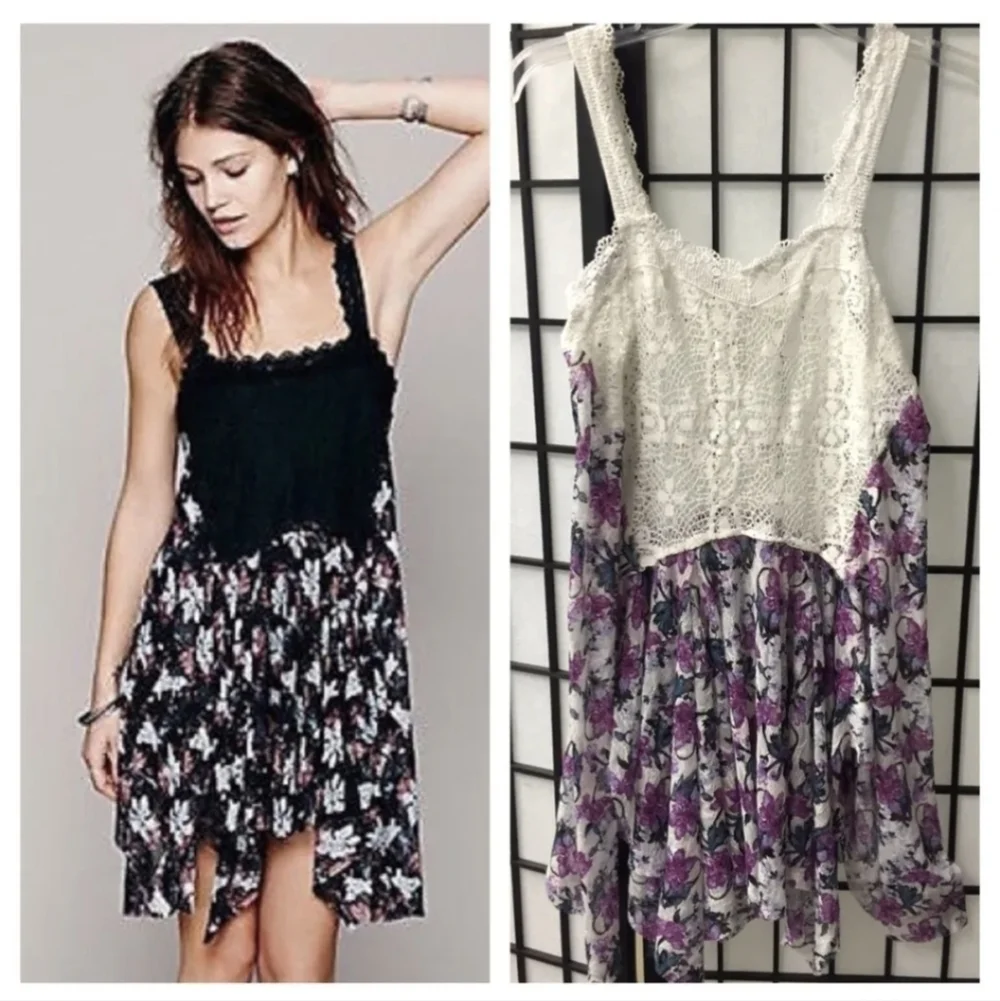 FREE People Cream and Purple Floral Crocheted Tunic size Small